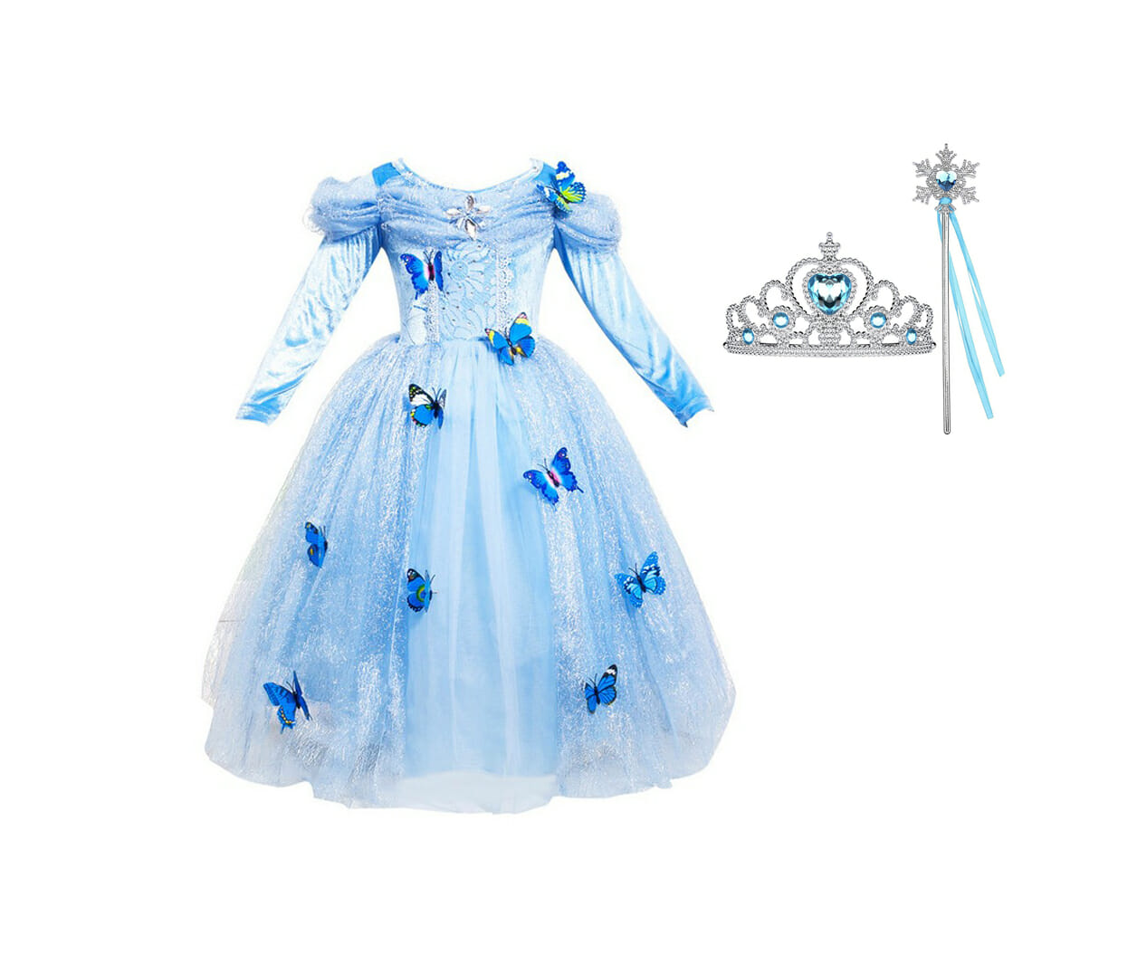 Picasso Laatste Clip vlinder Cinderella - Prinsessenjurk + Toverstaf Lint + Kroon - blauw - Verkleedjurk  - Het Betere Merk