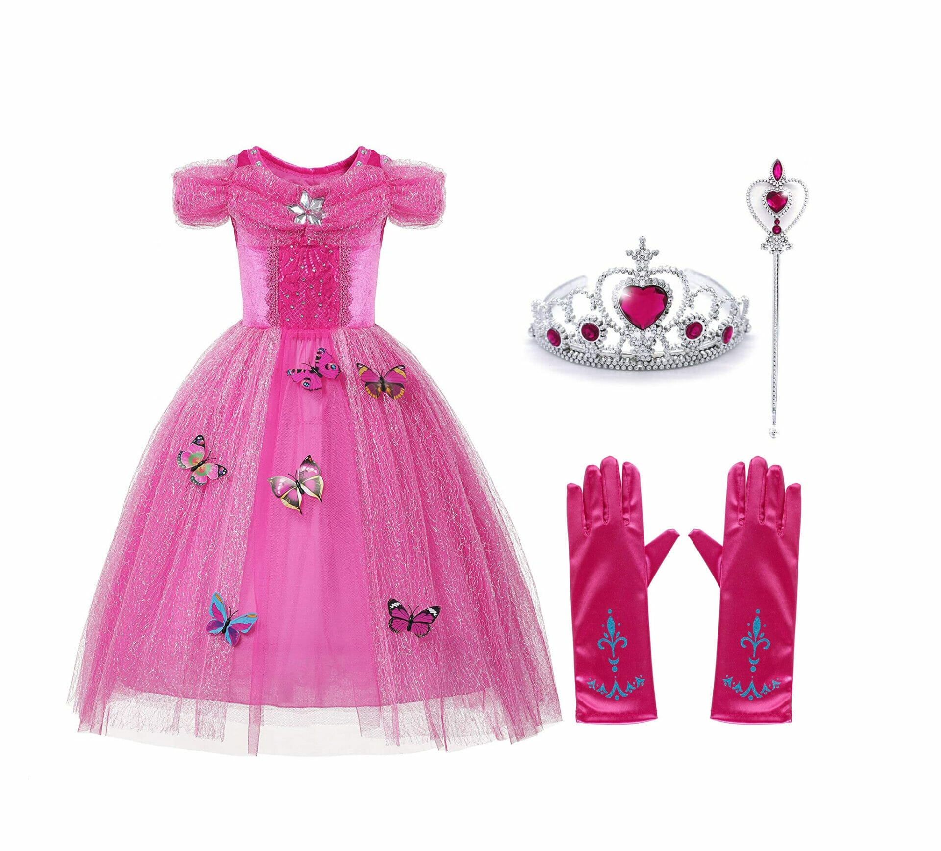 inrichting pot Perceptueel Cinderella - Assepoester roze prinsessenjurk vlinders + Kroon + Toverstaf +  Handschoenen - Het Betere Merk