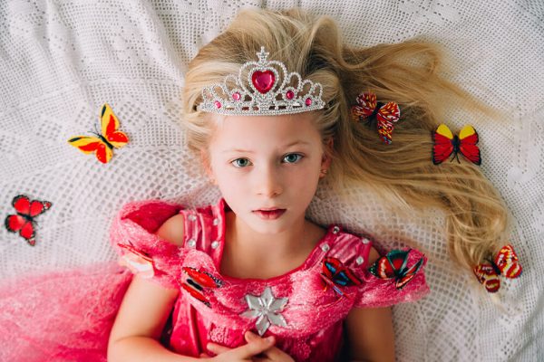 Cinderella - Assepoester prinsessenjurk vlinders + Kroon Toverstaf + Handschoenen - Betere Merk