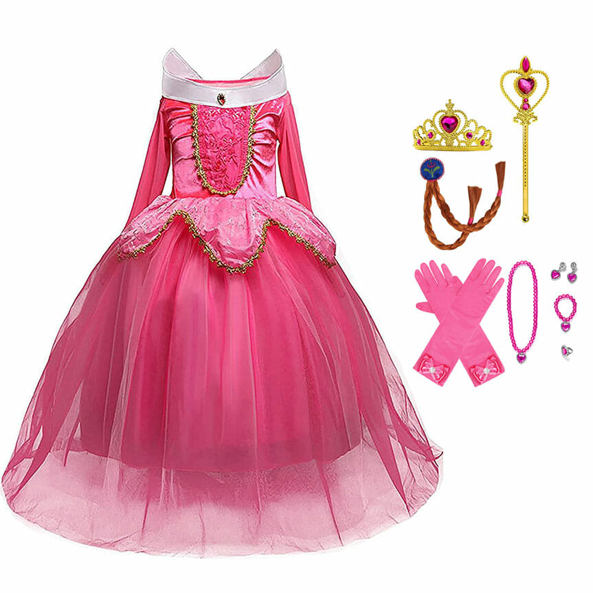 Doornroosje prinsessenjurk - verkleedjurk Kroon + Toverstaf + Prinsessenhandschoenen - Het Betere