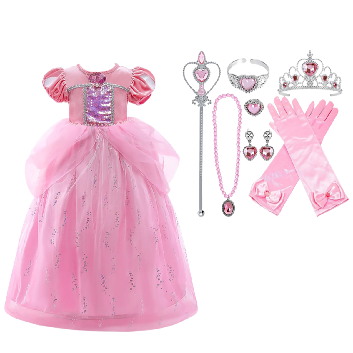 Zeemeermin Verkleedkleren - Roze Prinsessenjurk Mermaid - (Tiara) - Toverstaf Handschoenen