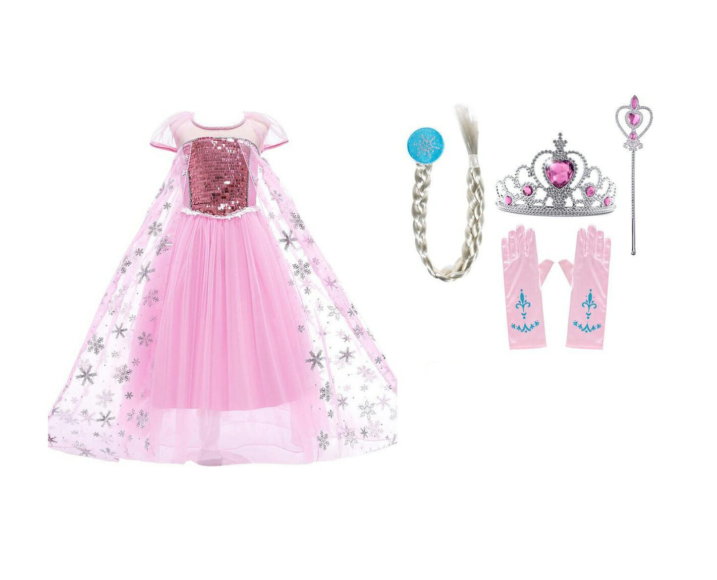 speelgoed mate Uitbeelding Frozen Elsa jurk - Verkleedkleding Meisje + Kroon + Toverstaf + Elsa Vlecht  + Handschoenen| Roze - Het Betere Merk